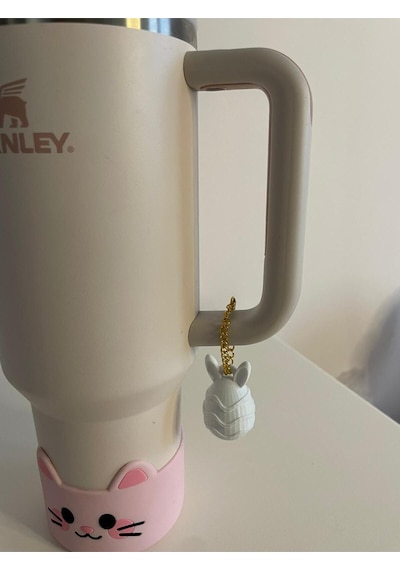 Sevimli Tavşan Quencher Termos Bardak Aksesuarı Zincirli Dekoratif Süs Beyaz