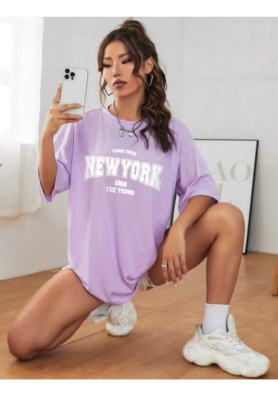 Noıssey Mor New York Baskılı Oversize Unisex