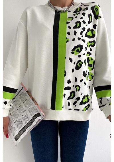 Femelle Kadın Leopar Desen Pamuk Sweatshirt Beyaz
