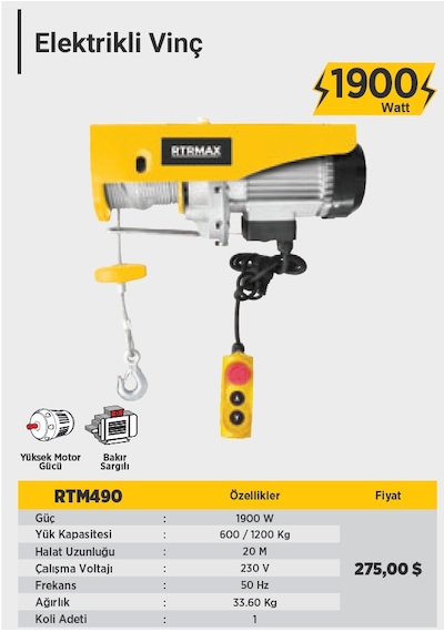 Rtrmax RTM490 600/1200 kg 1900 W Bakır Sargı Elektrikli Vinç