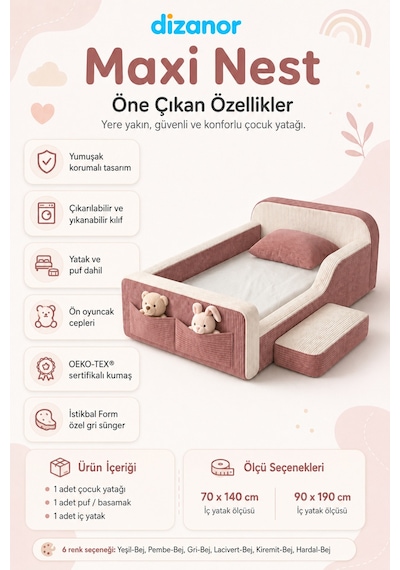Dizanor Maxi Nest Pembe Fitilli Montessori Çocuk Karyolası Baza Başlık İç Yatak Seti 90 X 190 Cm