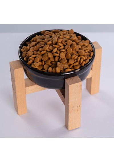 Siyah Ahşap Standlı Seramik Mama/ Su Kabı Kedi Köpek Mama Su Kabı