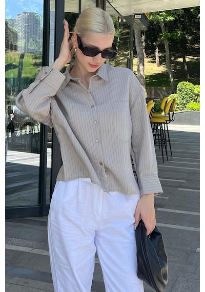 Madmext Gri Çizgili Oversize Kadın Gömlek Mg2093-gri Gri