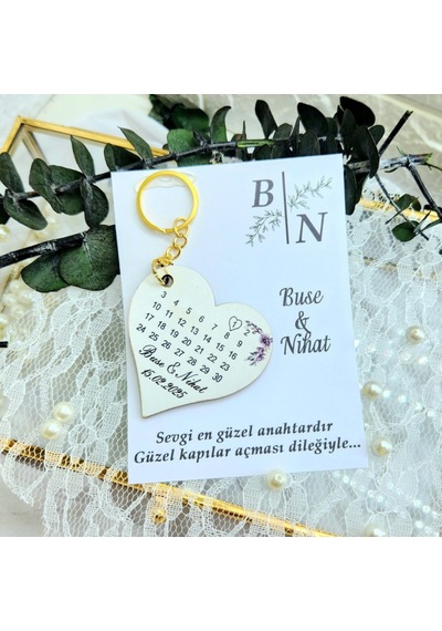 Ahşap Kalp Anahtarlık Uv Baskılı Kart Üzeri Söz Nişan Ni 20 Adet