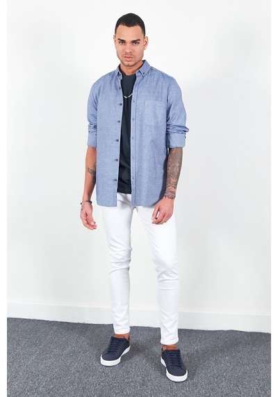 Slim Fit Dar Kesim %100 Pamuk Düğmeli Yaka Oxford Indigo Erkek Gömlek Me23s116596 İndigo