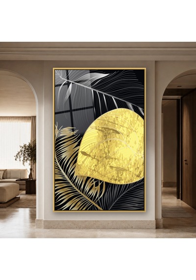 Altın Yapraklar Ve Altın Daire Gold Çerçeveli Cam Tablo