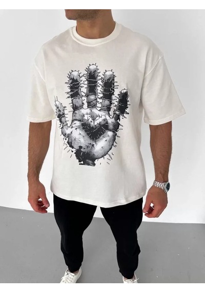 Modi Unisex Bisiklet Yaka Baskılı Oversize T-shirt - Beyaz - Mymg106725