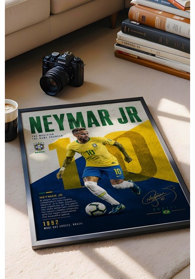 Neymar Brezilya Çerçeveli Tablo Premium Futbolcu Tabloları Lüks Salon Duvar Dekorasyonu Siyah