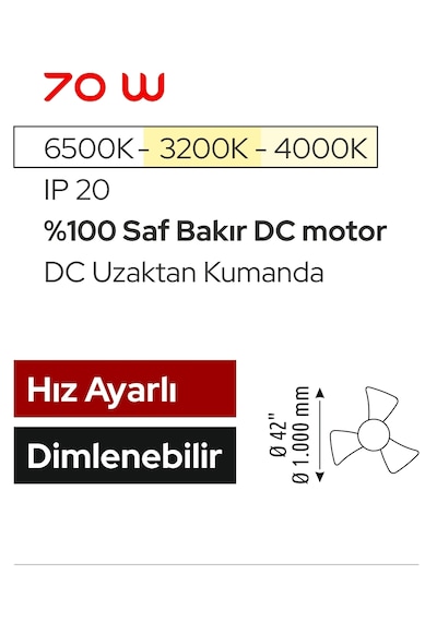 Ferah 70 W 3 Kanatlı Led Işıklı Tavan Vantilatör Uzaktan Kumandalı Siyah