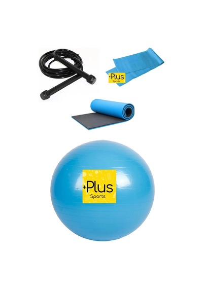 4' Lü Set Pilates Topu - Pilates Minderi - Atlama İpi - Direnç Lastiği Şişirme Pompası Mavi