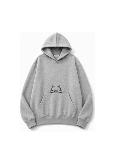 Herkesemoda Sevimli Ayı Baskı Detaylı Kapüşonlu 2 İplik Sweatshirt Gri