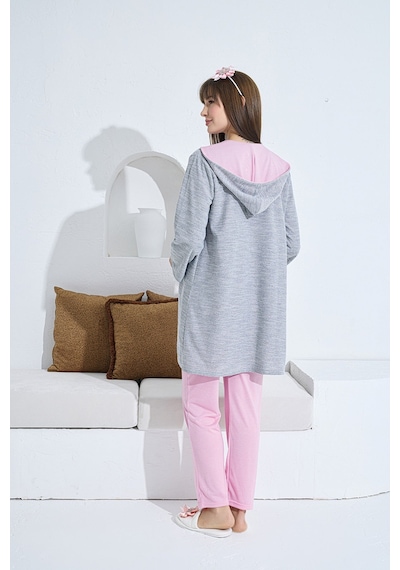 Lohusa Sepeti Lohusasepeti Kapüşonlu Melanj Sabahlıklı Lohusa Pijama Takımı Vişne - 3375 001
