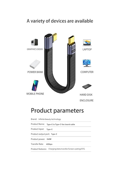 Usb4 Fpc Esnek Tip-c Kablo - 240w Pd3.1 Hızlı Şarj, 40gbps Veri Aktarımı, 8k 60hz Görüntü Desteği - 15 Cm Kby