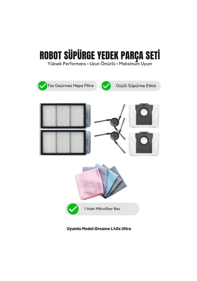 Dreame L40s Ultra İle Uyumlu 2 Yan Fırça 2 Filtre 2 Toz Torbası 1 Temizlik Bezi 13.0