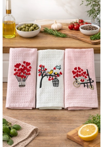 3 Lü Nakışlı Waffle Mutfak Havlusu 40x60 Cm Süper Emici & Yumuşak Pembe