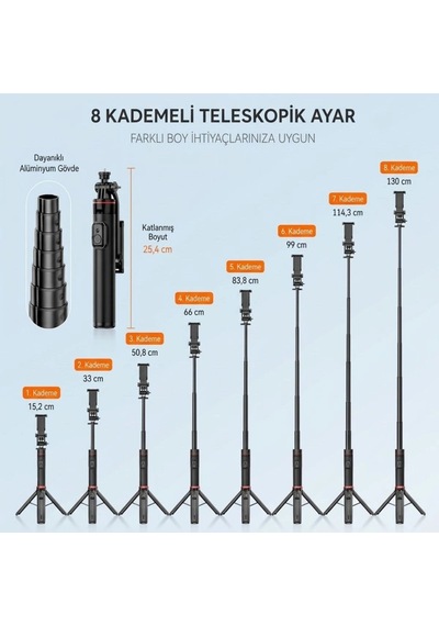 130 Cm Uzayabilen Manyetik Kumandalı Tripod Ve Ayarlanabilir Telefon Tutuculu, Alüminyum Gövdeli Sel