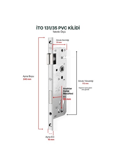 İto Kilit 131/35 PVC Gömme Pimapen Kapı Kilidi 35 mm - Barelsiz -