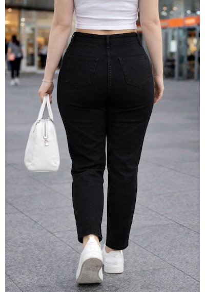 Cedy Denim Mom Fit Jean Büyük Beden Yüksek Bel Carrot Kesim Dar Paça Pileli Esnek Kot Pantolon C600 Siyah