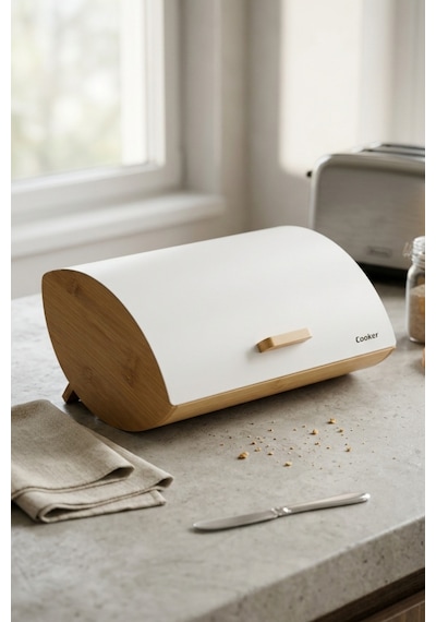 Cooker Novella Metal Kapaklı Bambu Ekmek Kutusu Ckr4543 Beyaz