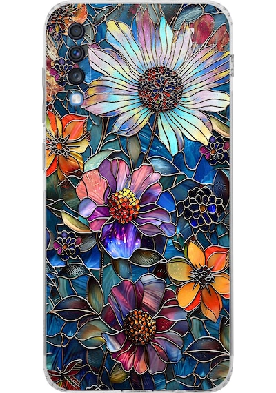 Printify Samsung Galaxy A70 İle Uyumlu Vitray Mücevher Flora Tasarımlı Şeffaf Silikon Kılıf Şeffaf
