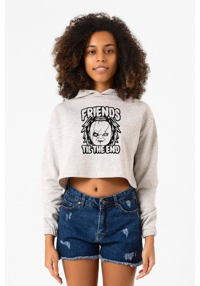 Friends Til The End Beyaz Kırçıllı Kadın Crop Kapşonlu 001