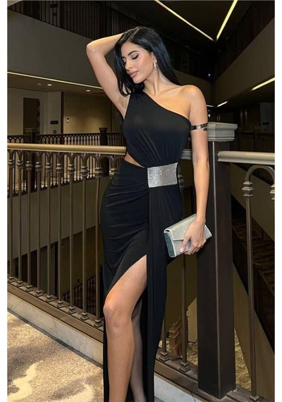 DefyModa Kadın Sandy Kumaş Tek Omuz Balık Kesim Abiye Elbise Siyah
