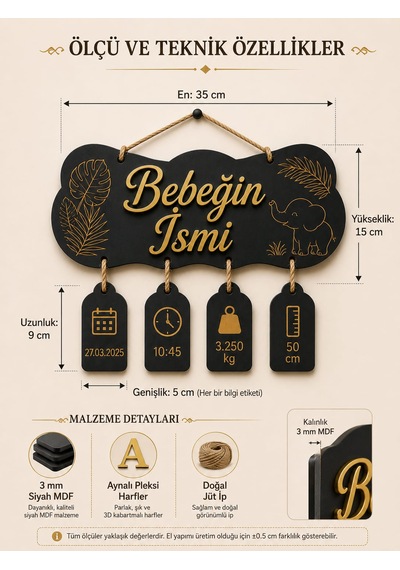 Kişiye Özel İsimli Bulut Ahşap Bebek Doğum Hediyesi - Balonlu Doğum Tarihi Saat Kilo Boy Etiketli Oda Kapı Önü Aksesuarı Süsü Siyah Gold