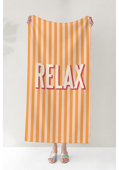 Çizgili Relax Plaj Havlusu - Modern Retro Turuncu Pembe Havuz Deniz Hızlı Kuruyan Mikrofiber Havlu Uçuk Menekşe