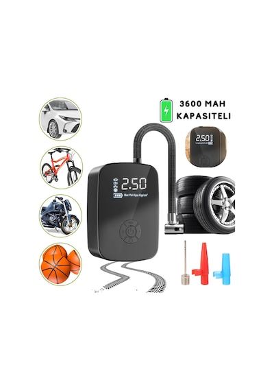Mini Şarjlı Taşınabilir Araba Lastik Hava Top Şişirme Pompası Led Işıklı Dijital Hava Kompresörü
