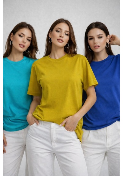 Kadın 3'lü Paket Hardal-turkuaz-saks Mavi %100 Pamuk Oversize Basic Tişört Bisiklet Yaka Relaxed T-shirt Beyaz-antrasit-lila