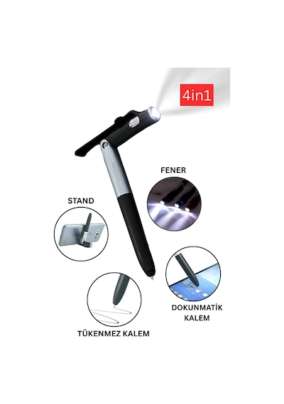 4in1 Dokunmatik Kalem Fenerli Telefon Standı Tükenmez Kalem Tablet Telefon Uyumlu Stylus Pen Çizim