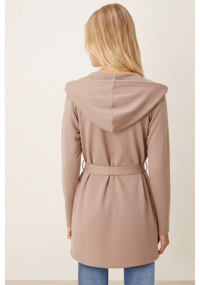 Armonika Kadın Bej Beli Kuşaklı Cepli Kapüşonlu Oversize Kaşe Kaban Arm-26k001025
