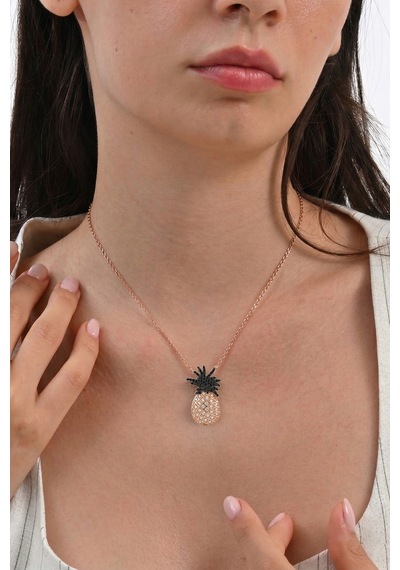 925 Ayar Gümüş Kolye Rose Kaplama Onix Taşlı Ananas Kolye - Işıltılı Tropikal Hediye Barcode Rose Gold