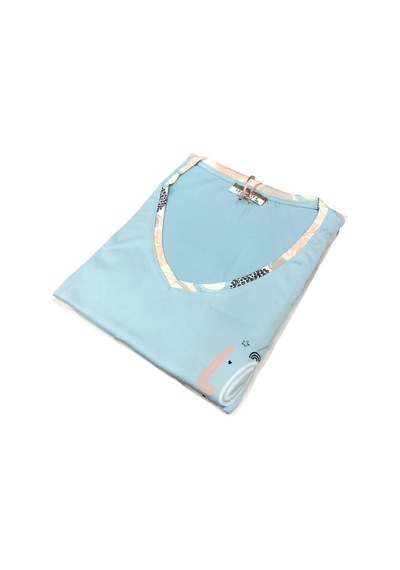 Seamlife Kadın Extra Yumuşak %100 Pamuk V Yaka Milan Kısa Kollu Pijama Takımı Turkuaz