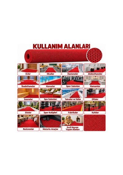 Hortumtech Bal Petek Paspas Kaydırmaz Pvc Islak Zemin Duş Havuz Su Tahliyesi 4 Mm - Kırmızı 90 X 1000 Cm