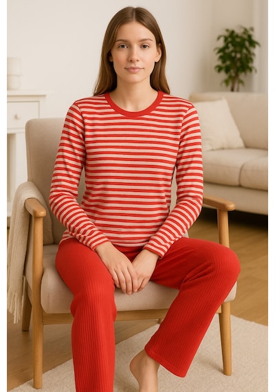 Tenra Kadın Pijama Takımı %100 Pamuk Turuncu Çizgili Turuncu