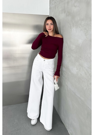 HLT Jeans Beyaz Kadın Wide Leg Jean %100 Pamuklu Yüksek Bel Palazzo Kot Pantolon Angel-2058