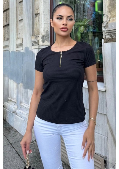 Kadın Siyah Kısa Kol, Fermuar Yaka Detaylı, Fitilli Terletmez Kumaş, Rahat Bluz, Tshirt SIYAH