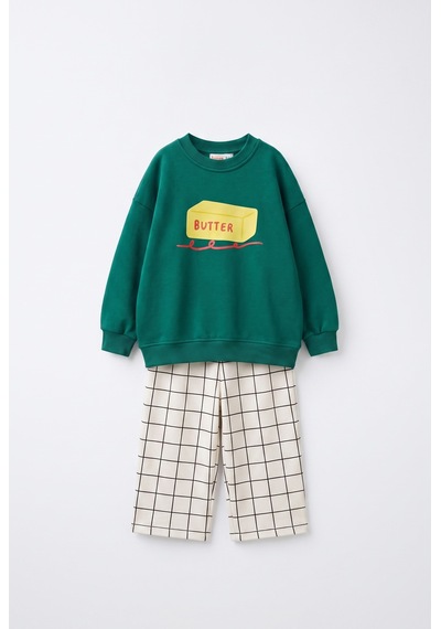Magu Çocuk Butter Baskılı Yeşil Sweatshirt Ve Ekru Kareli Eşofman Takım Çok Renkli