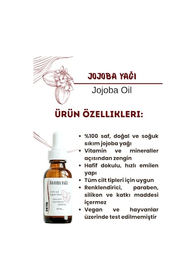 Jojoba Yağı 30 Ml Masaj- Yüz Yogası %100 Saf & Soğuk Sıkım Cilt Saç Tırnak Makyaj Temizleme