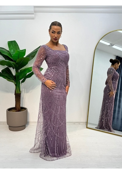 E&a Eren Abiye Kadın Uzun Kollu Boncuk Nakışlı Balık Abiye Mor