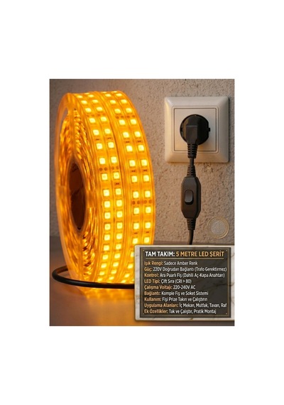 5 Metre Amber 220v Led Şerit ,tak Çalıştır Set, Fişli Anahtarlı Esnek Şerit Led, ,turuncu Led,mutfak,tezgah Ledi,led Şerit Işık ,ambiyans Işık Havuzu, Kendinden Yapışkanlı,kehribar Led
