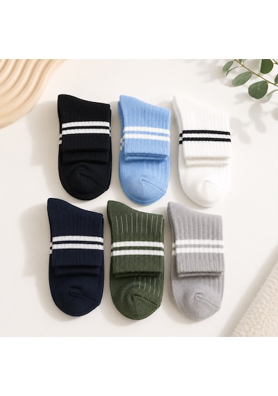 Ciho Socks Daily 6 Çift Çocuk %100 Pamuk Çizgili Tenis Okul Kolej Çorabı KARIŞIK