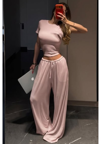 Pembe Geniş Paça Barrel Fit Eşofman Altı Mg2646 Pembe