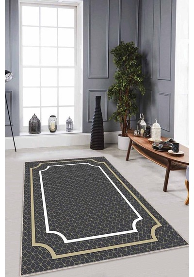 Antrasit Çerçeveli Kaymaz Tabanlı Dekoratif Halı Rv063n11