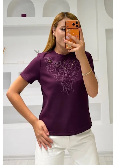 Fiolin Soft Touch Modal Kumaş Nakışlı Lazer Kesim T-shirt Mürdüm