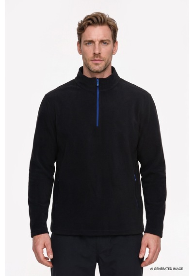 Ac&Co / Altınyıldız Classics Erkek Sıyah Sıcak Tutan Standart Fit Normal Kesim Bato Yaka Çift Fleto Cepli Sweatshirt Polar Siyah