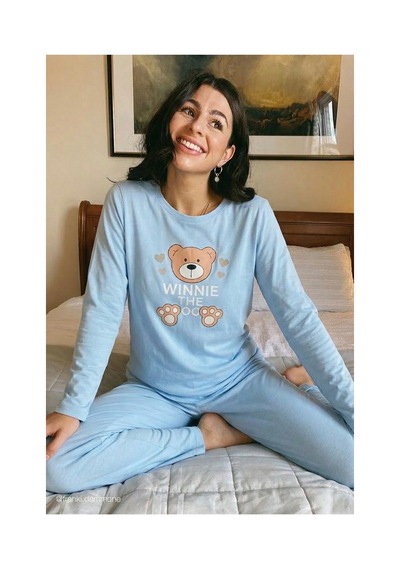 Femelle Mavi Ayıcık Desenli Pijama Takımı Açık Mavi
