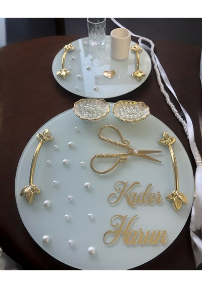 Beloved Gold Beyaz İncili Söz Tepsisi Nişan Tepsisi Ve Damat Kahve Fincan Tepsi Seti Krem Krem