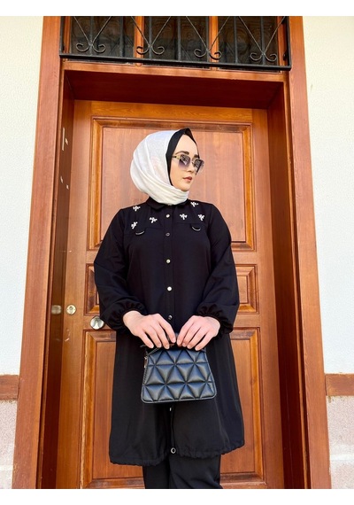 Taşlı Şık Düğme Detaylı Gömlek Siyah